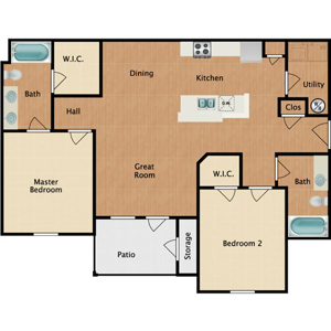 B1 - Two Bedroom / Two Bath - 969 Sq.Ft.*